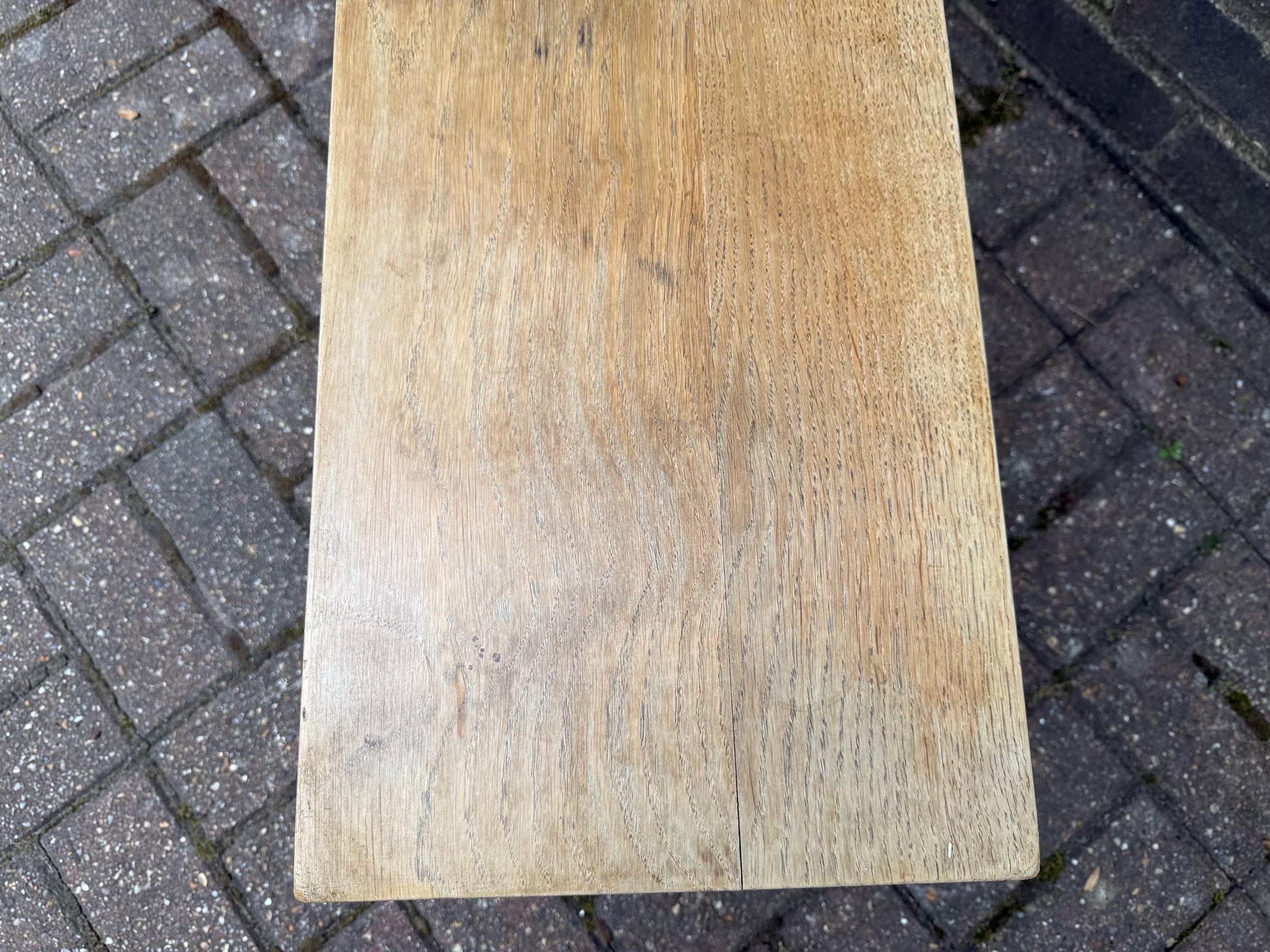 Mid-century vintage solid oak table, traditional style with turned legs, sanded top, farmhouse cottage occasional side table, small table