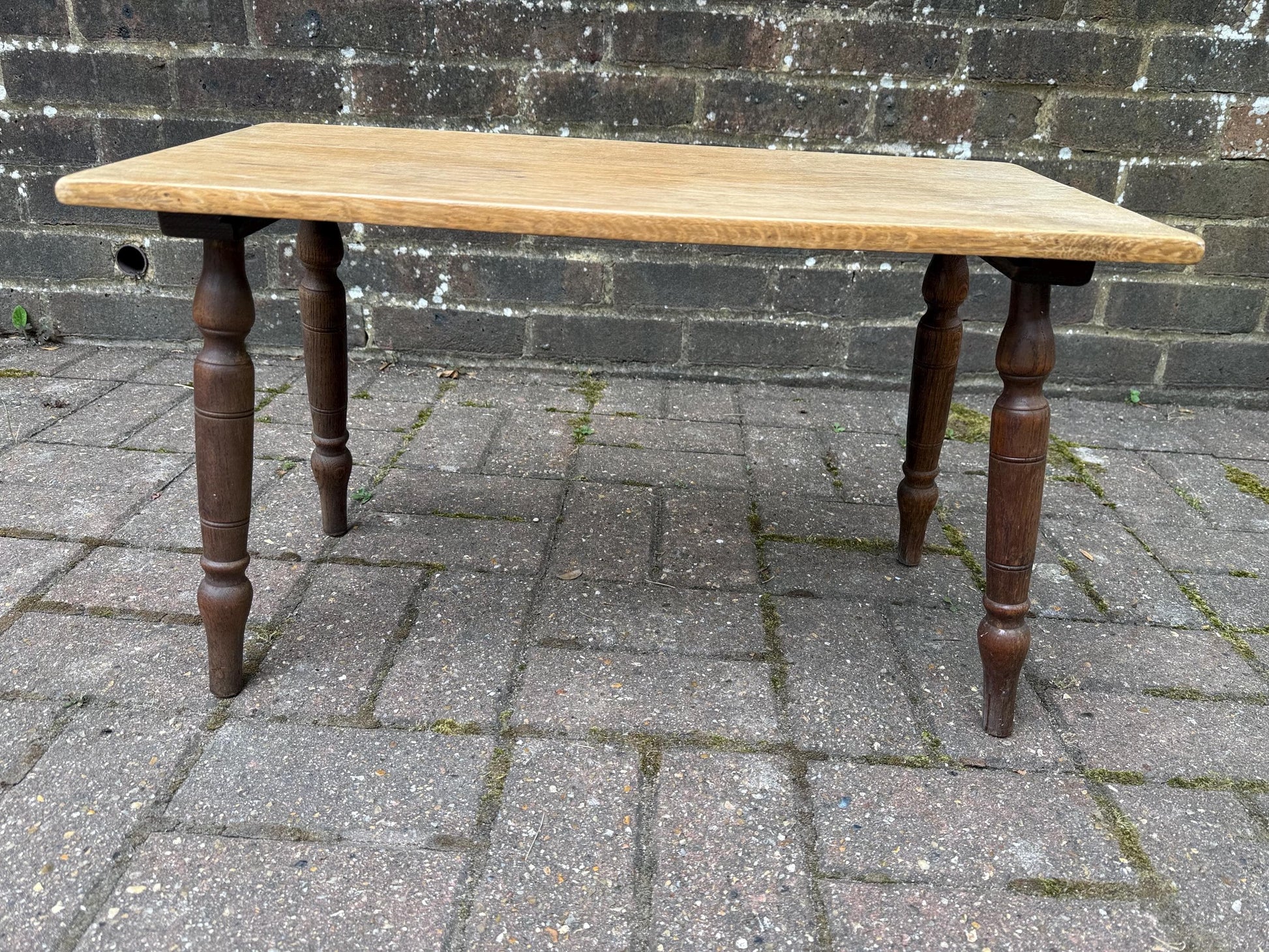 Mid-century vintage solid oak table, traditional style with turned legs, sanded top, farmhouse cottage occasional side table, small table