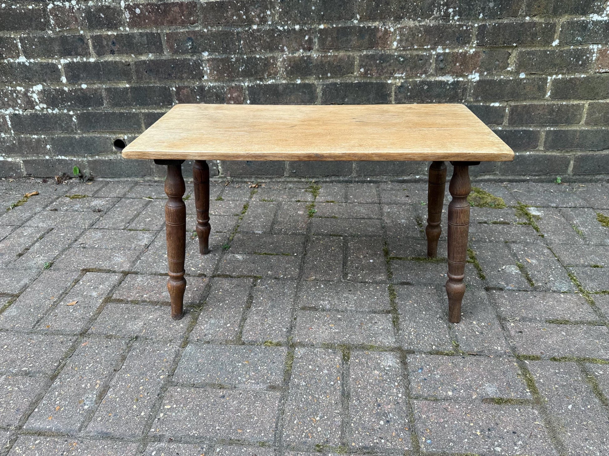 Mid-century vintage solid oak table, traditional style with turned legs, sanded top, farmhouse cottage occasional side table, small table