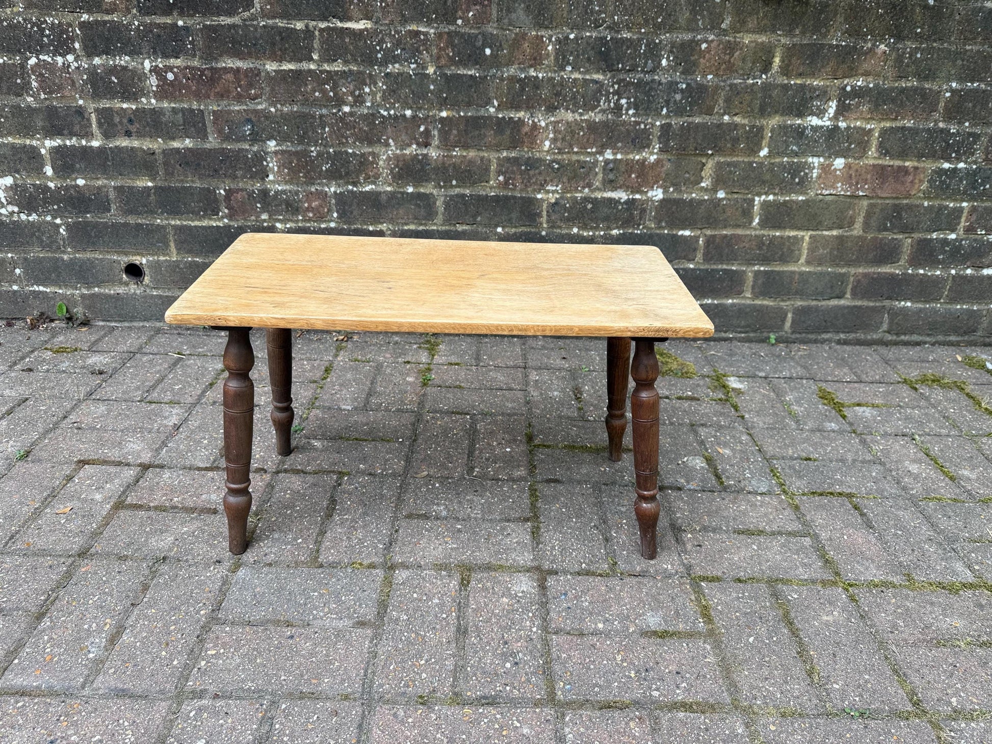 Mid-century vintage solid oak table, traditional style with turned legs, sanded top, farmhouse cottage occasional side table, small table