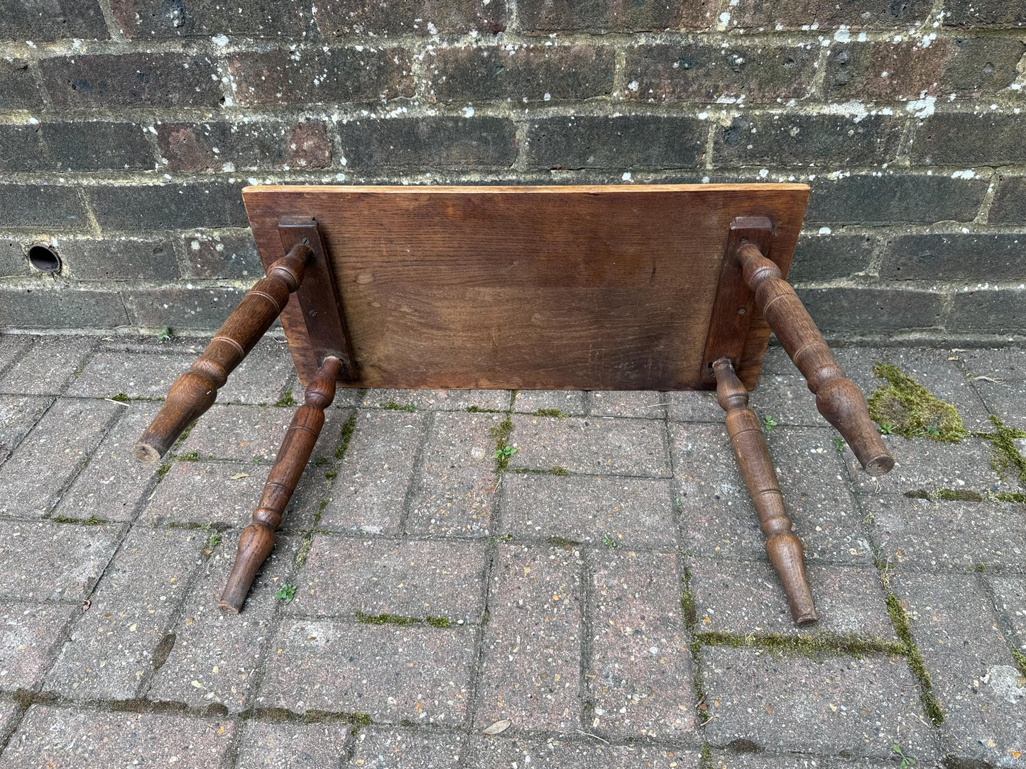 Mid-century vintage solid oak table, traditional style with turned legs, sanded top, farmhouse cottage occasional side table, small table