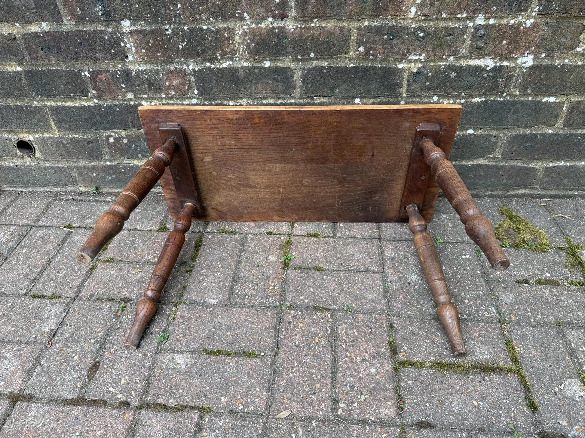 Mid-century vintage solid oak table, traditional style with turned legs, sanded top, farmhouse cottage occasional side table, small table