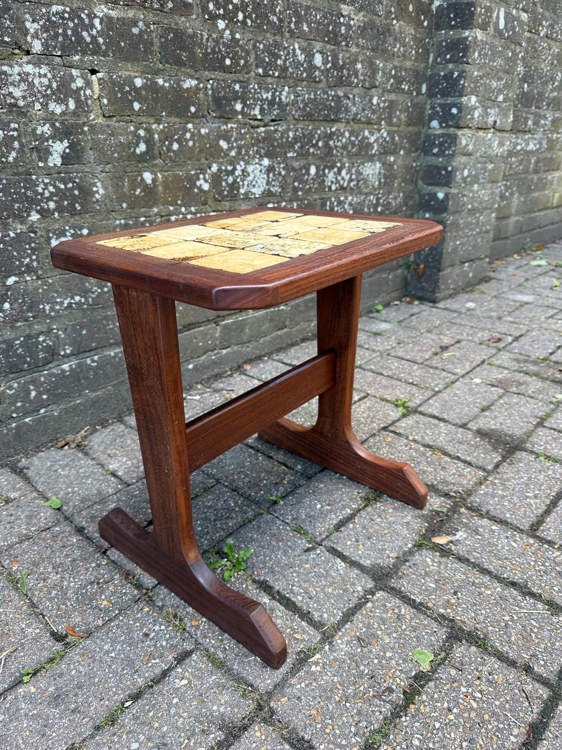 Small Vintage 1970s Danish Style Mid Century Tile Top Side Table – Teak Wood Accent Table with Retro Cream Glazed Ceramic Mosaic, Occasional