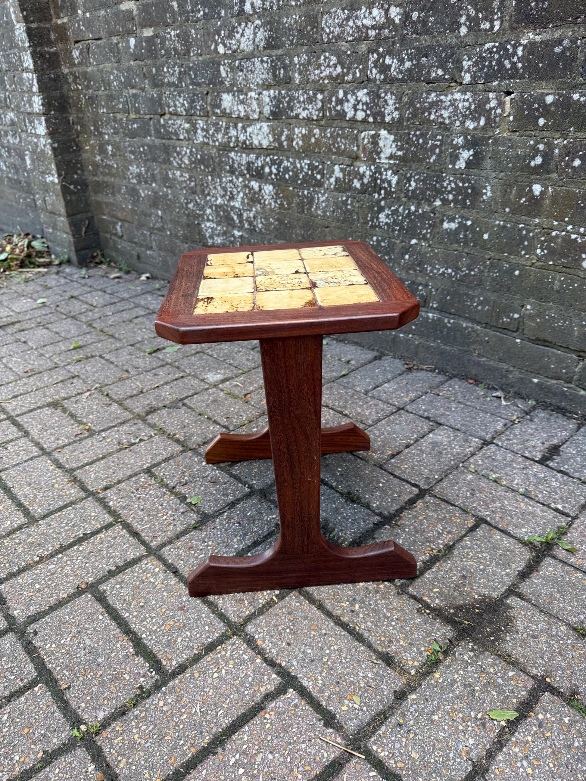 Small Vintage 1970s Danish Style Mid Century Tile Top Side Table – Teak Wood Accent Table with Retro Cream Glazed Ceramic Mosaic, Occasional