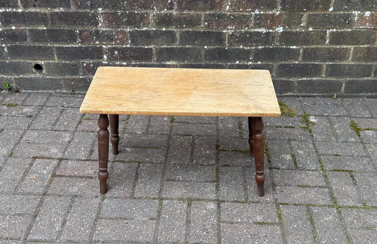 rustic oak small table. darker brown turned oak legs. sanded and marked top.