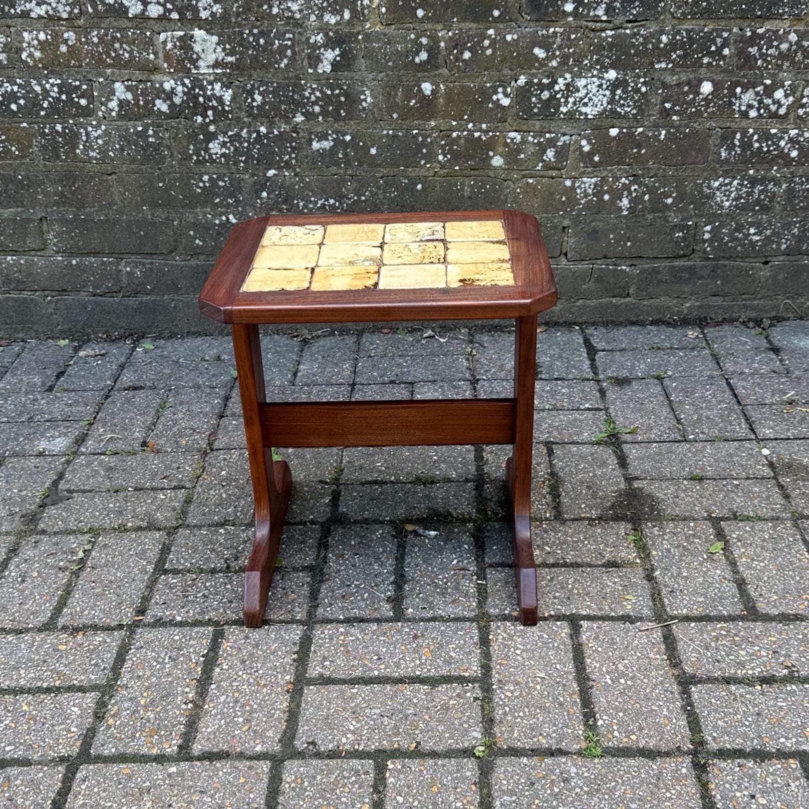 teak retro styyle table with cream glazed tiles on top. lovely sleek lines in the design. vgc