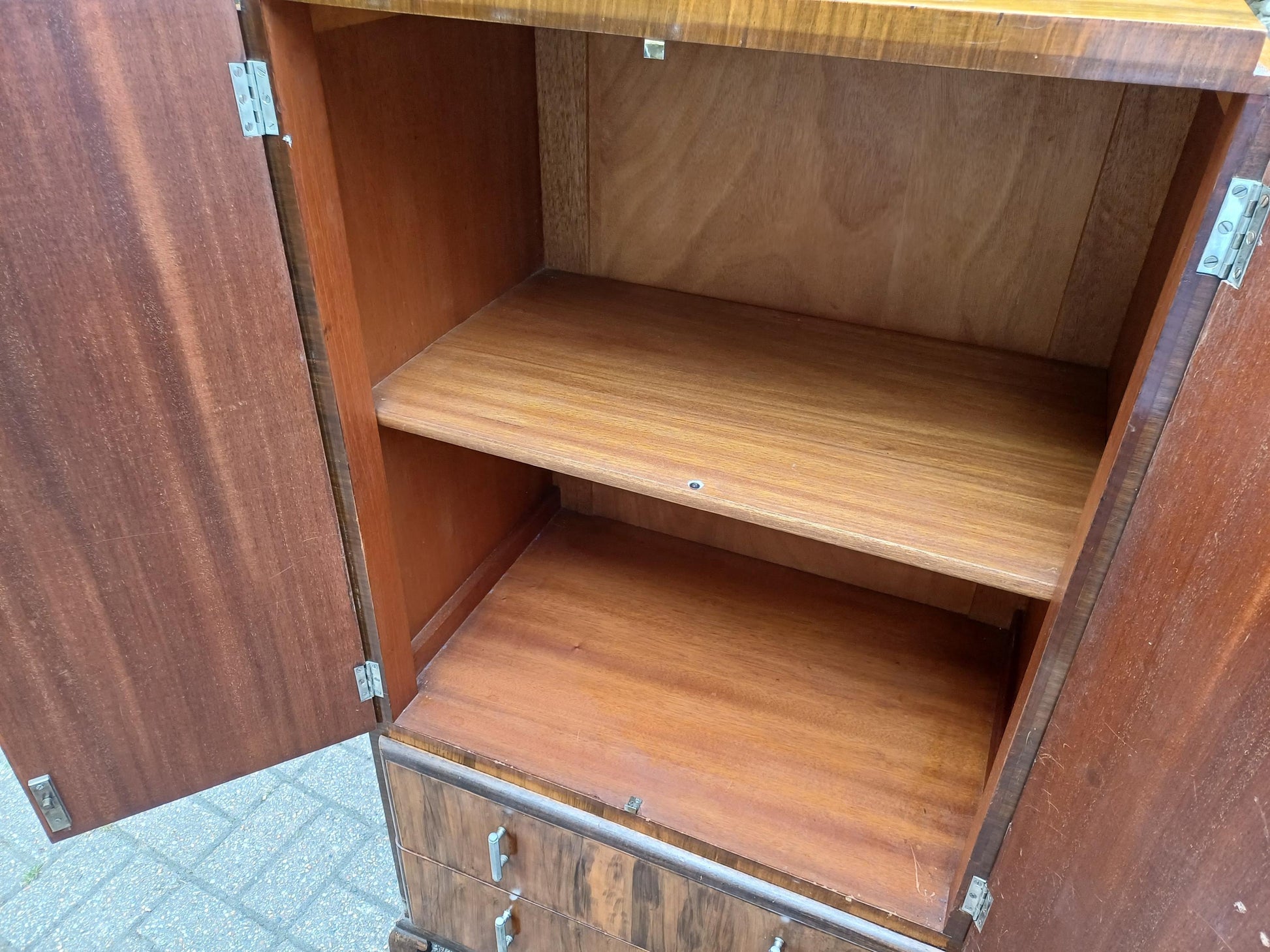 Art Deco 1930s Walnut Veneer Tallboy Retro Vintage Bedroom Cabinet Chest of Drawers Clothes Cupboard Chrome Handles FREE HAND Delivery