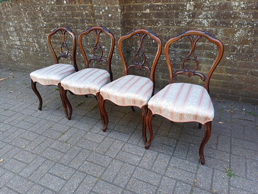 Set of 4 Antique Victorian Balloon Back Dining Chairs – Carved Rosewood with Cabriole Legs & Upholstered Seats c.1860 FREE HAND Delivery VGC