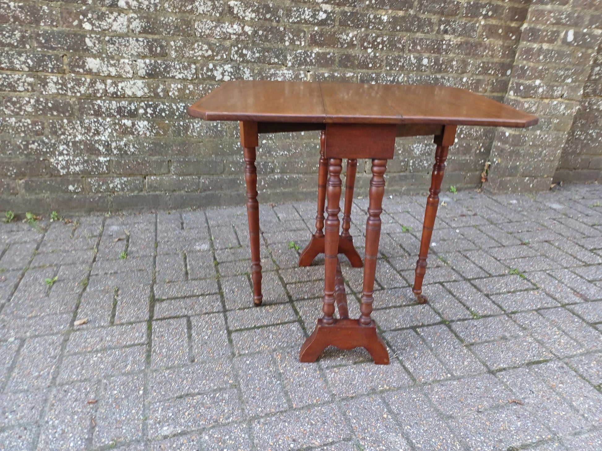 Antique Mahogany Inlaid Sutherland Table 19thC Drop Leaf Folding Occasional Side Table with Turned Legs Porcelain Castors
