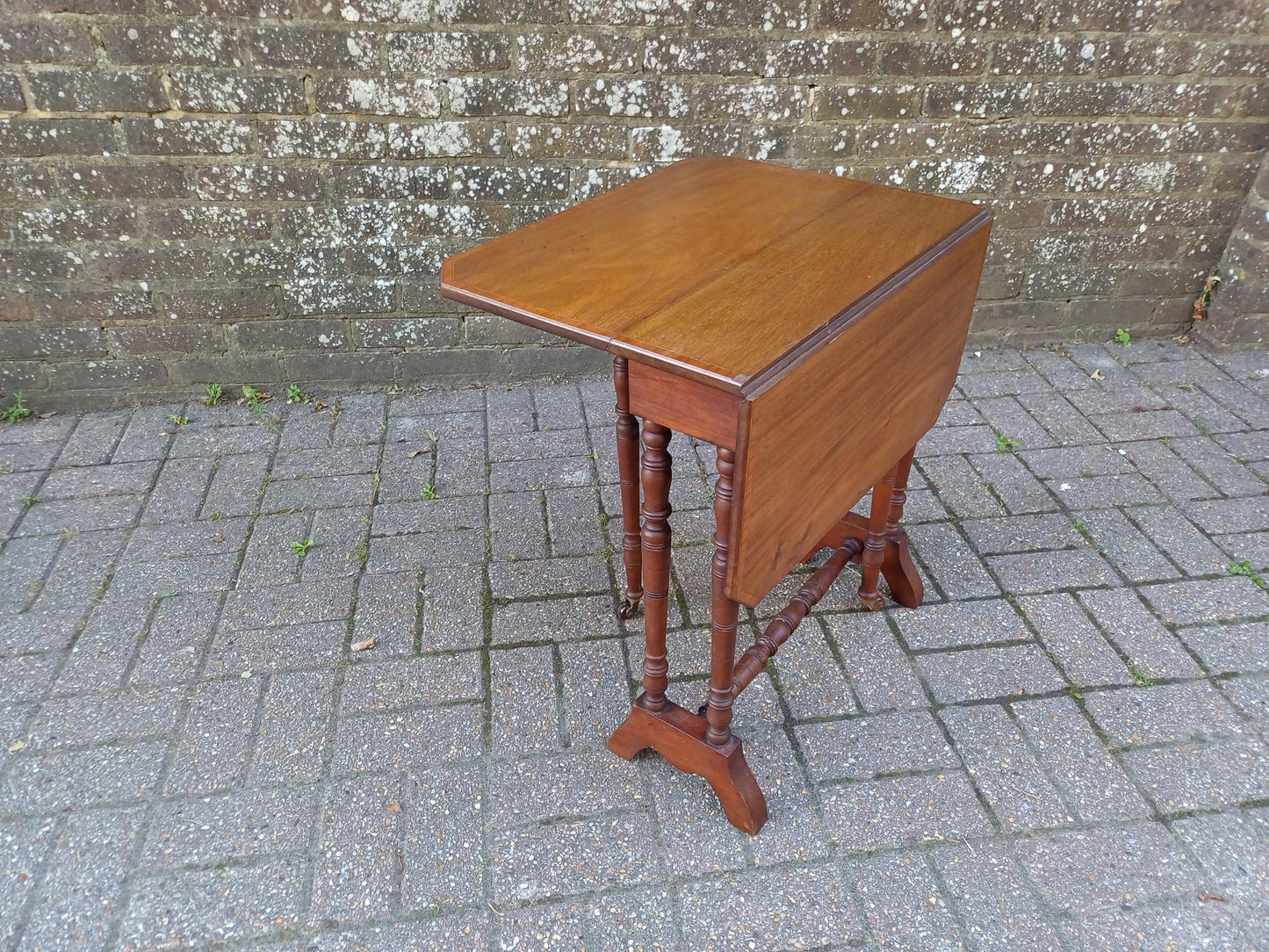 Antique Mahogany Inlaid Sutherland Table 19thC Drop Leaf Folding Occasional Side Table with Turned Legs Porcelain Castors