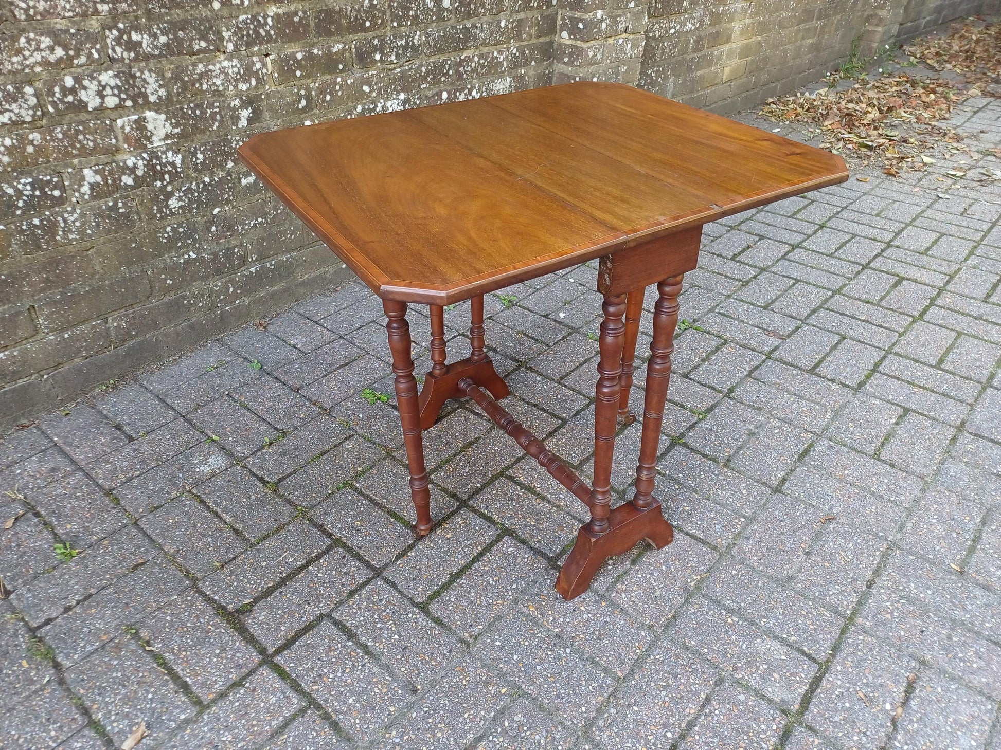 Antique Mahogany Inlaid Sutherland Table 19thC Drop Leaf Folding Occasional Side Table with Turned Legs Porcelain Castors