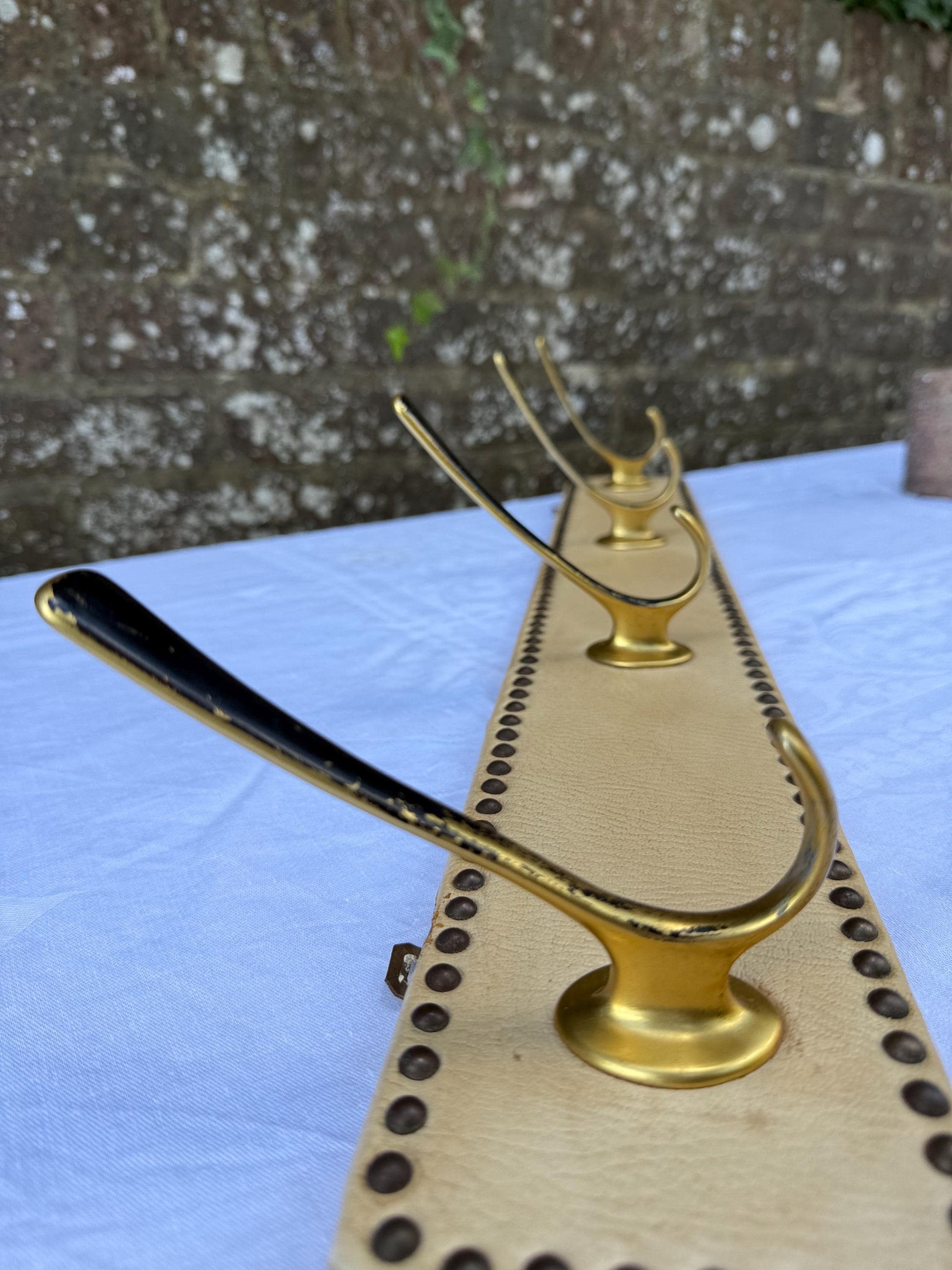 Vintage Mid-Century Wall-Mounted Coat Hooks – Brass and Vinyl Panel with Stud Detailing – Retro Hallway Storage, retro hooks, refurb project