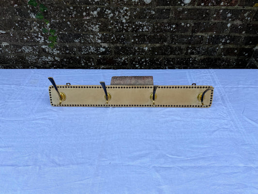 Vintage Mid-Century Wall-Mounted Coat Hooks – Brass and Vinyl Panel with Stud Detailing – Retro Hallway Storage, retro hooks, refurb project