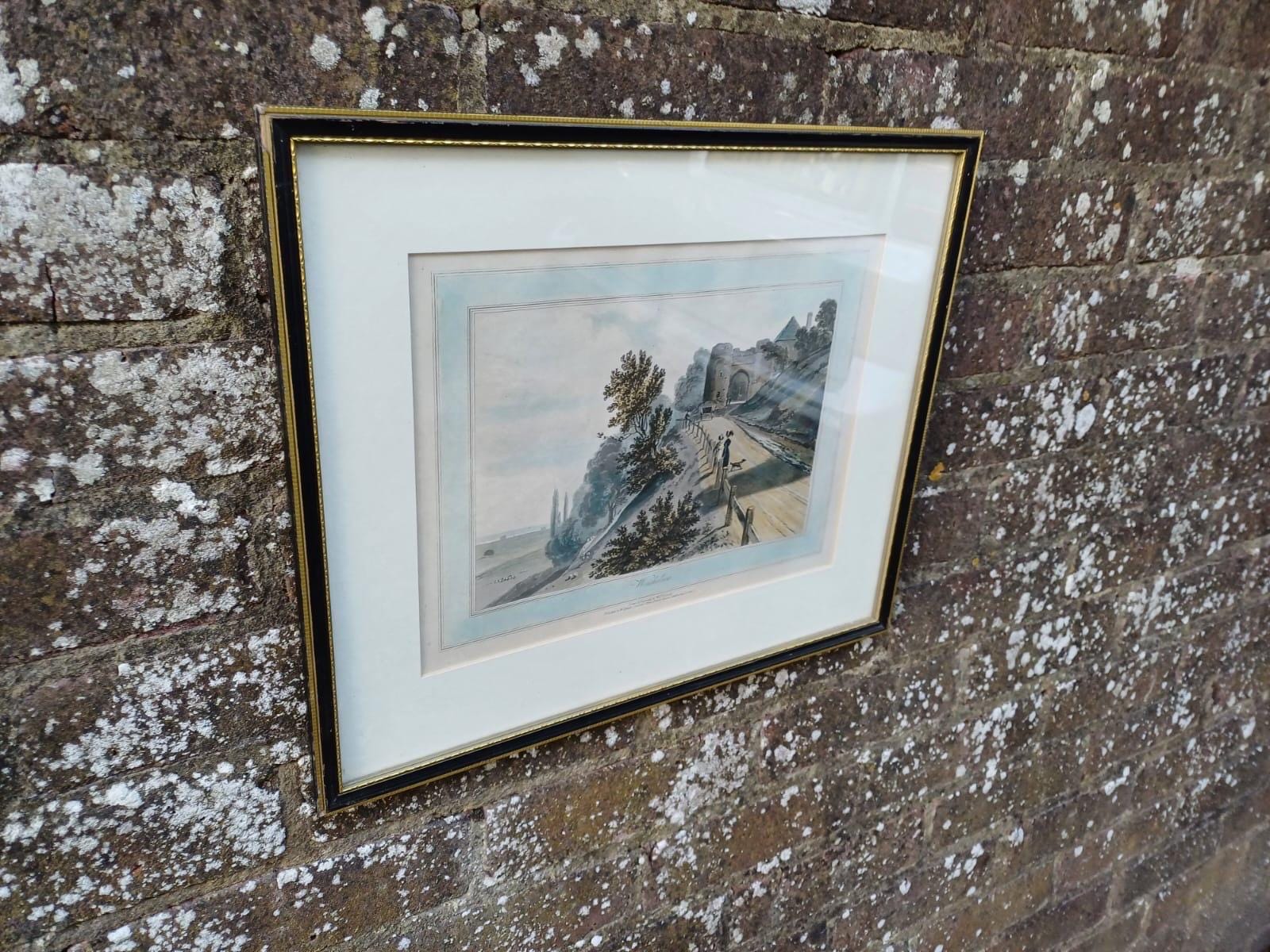 Antique Hand Coloured Print Winchelsea Sussex c1820s Georgian Town Gate Landscape Framed Historic Wall Art, W Daniell engraving, Cinque Port