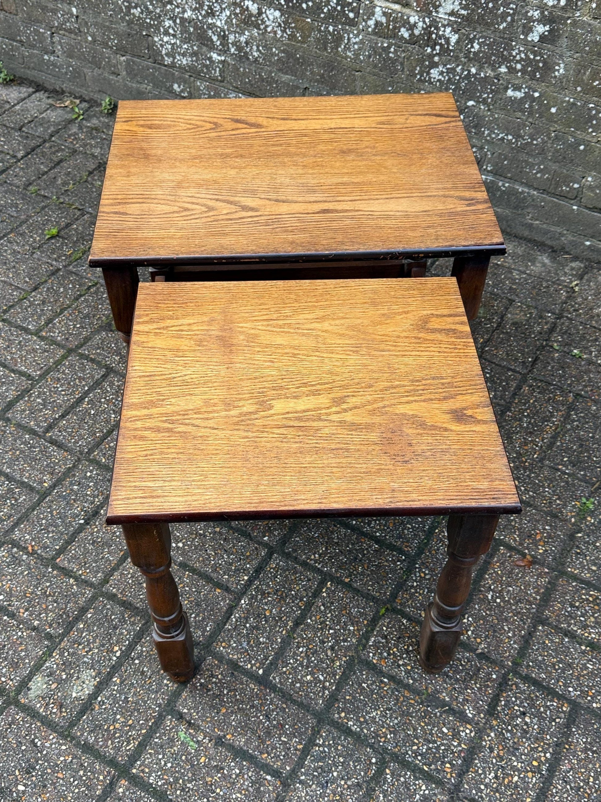 Two wonderful heavy quality vintage wooden tables - nest of 2 vintage tables, occasional side tables, vintage tables, plant stands.
