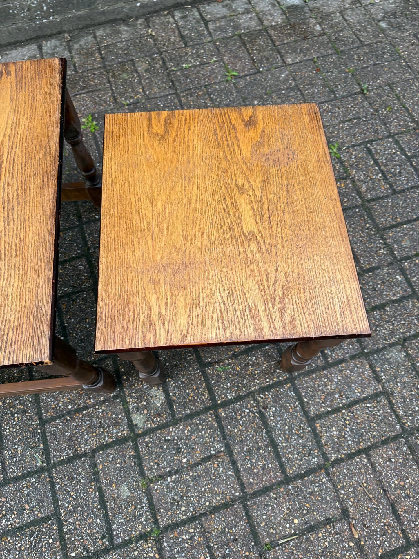 Two wonderful heavy quality vintage wooden tables - nest of 2 vintage tables, occasional side tables, vintage tables, plant stands.