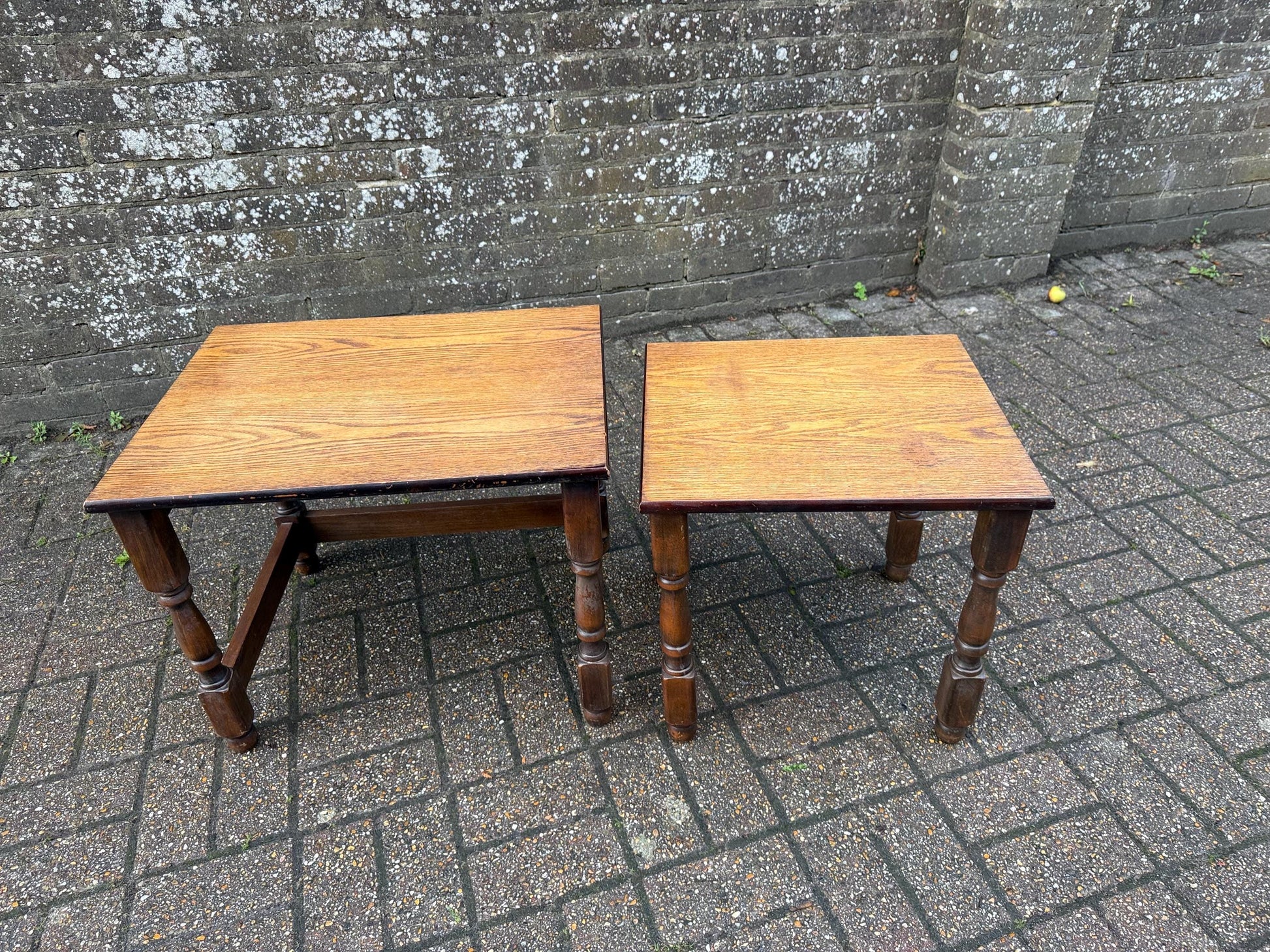 Two wonderful heavy quality vintage wooden tables - nest of 2 vintage tables, occasional side tables, vintage tables, plant stands.