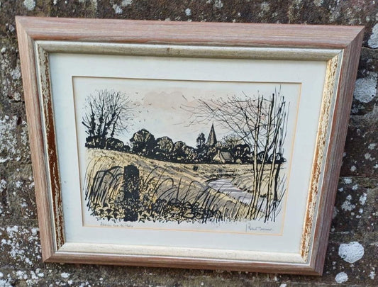 lithograph with hand painted wash of english village scene - Alfriston from the river. showing a church spire. black and yellows with shades of peach and blue