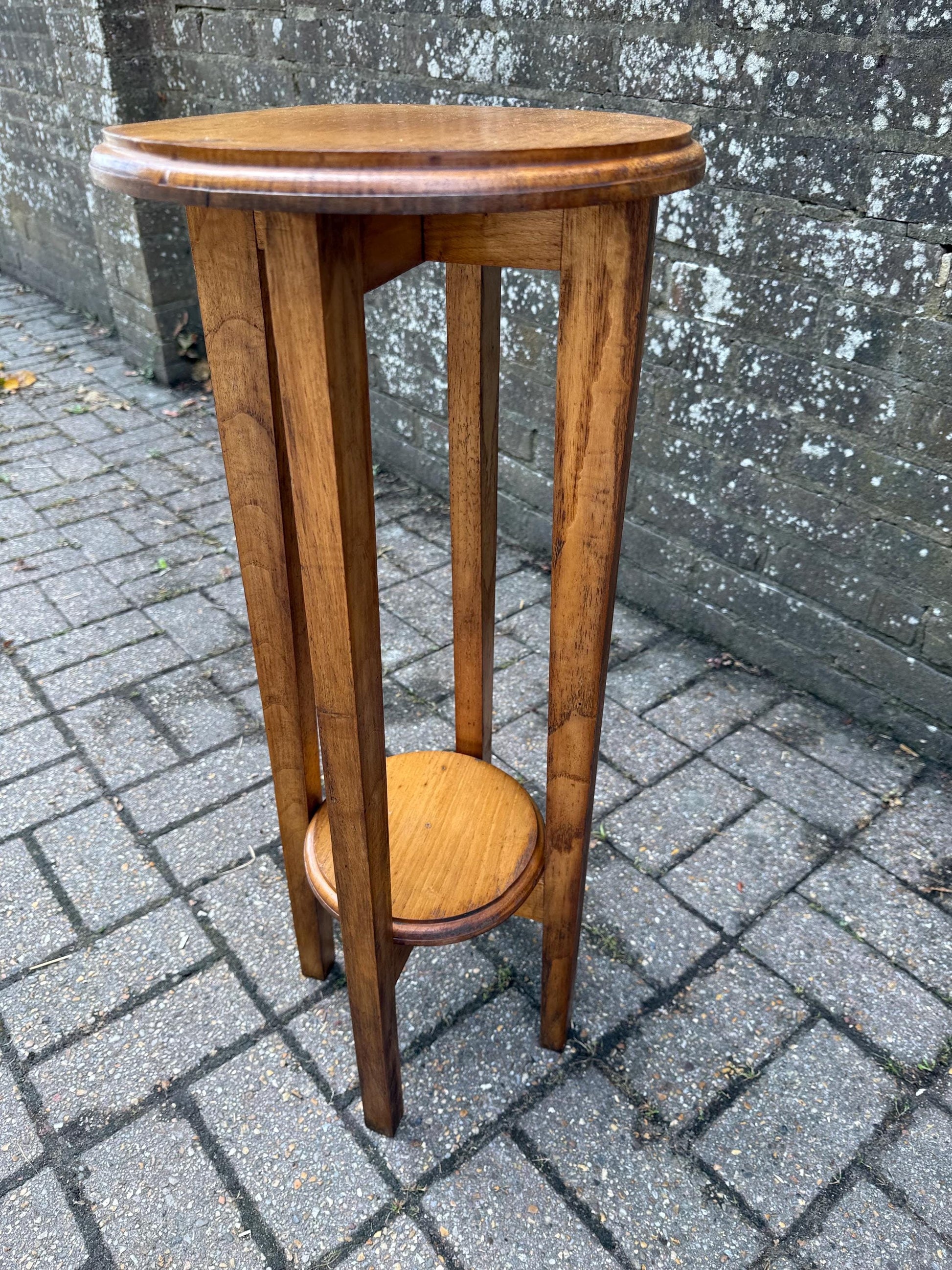Vintage Wooden Pine Plant Stand – Tall Two Tier Display Table, Slim Mid Century Hallway Stand, Rustic Country Cottage Pedestal