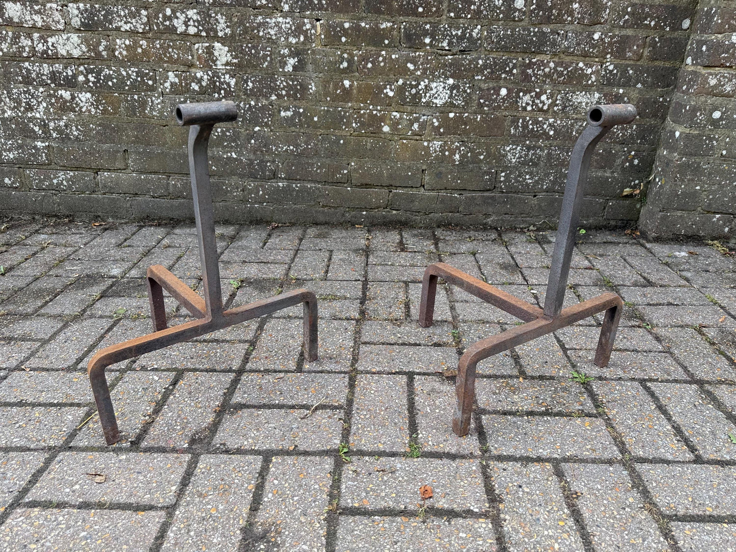 Rare Vintage Wrought Iron Fire Dogs – Rustic Mid Century Fireplace Andirons, Traditional Log Holders, Country Cottage Hearth Decor design