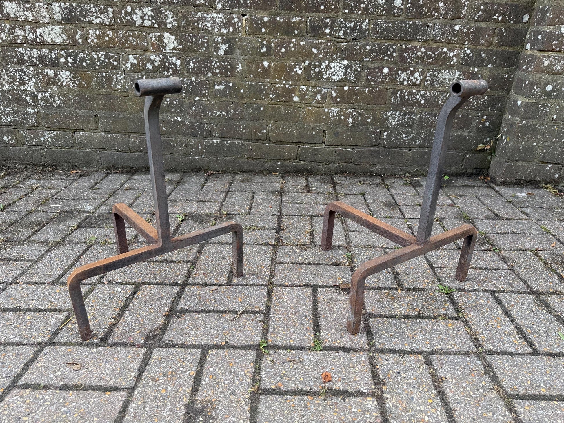 Rare Vintage Wrought Iron Fire Dogs – Rustic Mid Century Fireplace Andirons, Traditional Log Holders, Country Cottage Hearth Decor design