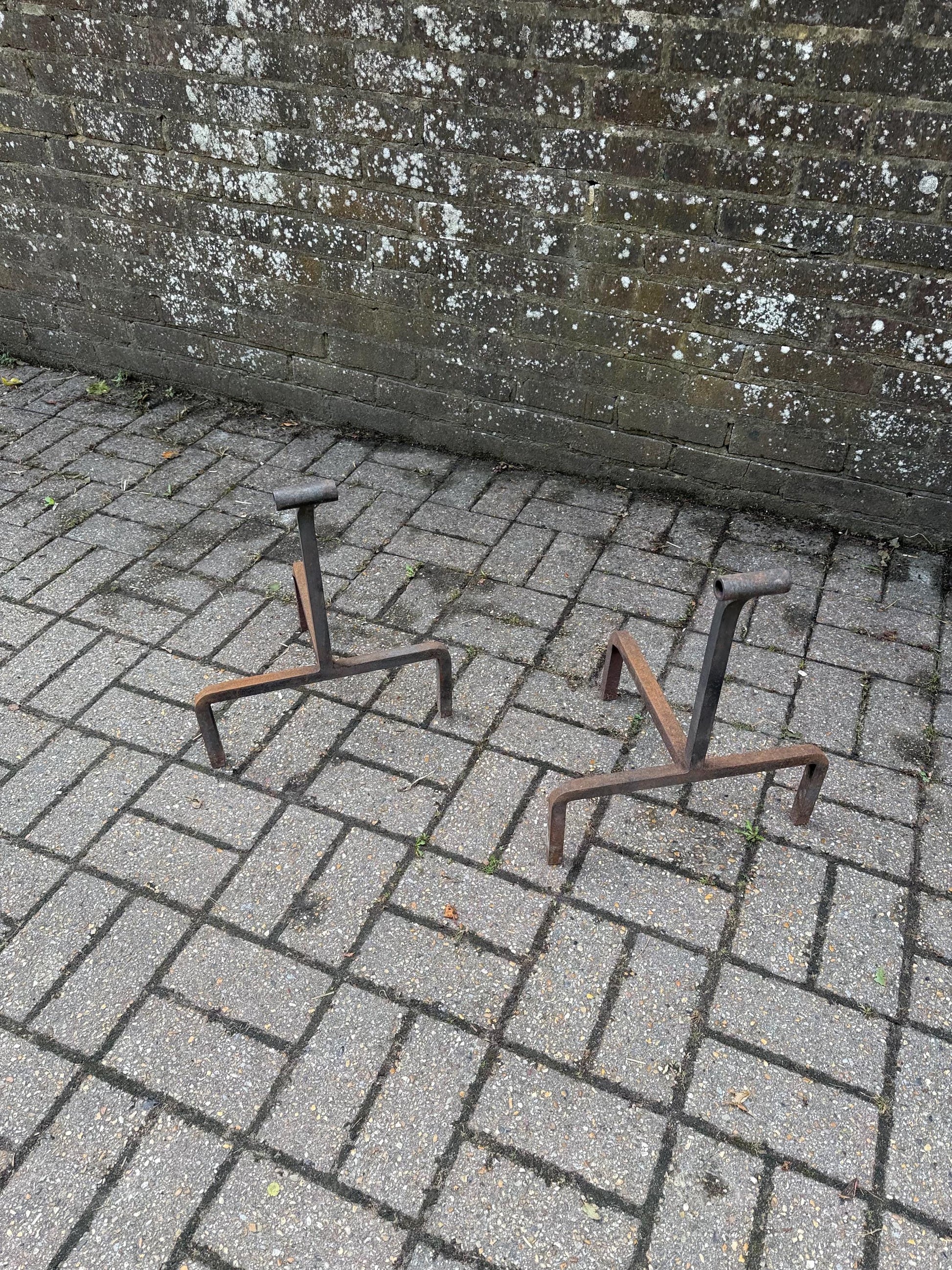 Rare Vintage Wrought Iron Fire Dogs – Rustic Mid Century Fireplace Andirons, Traditional Log Holders, Country Cottage Hearth Decor design