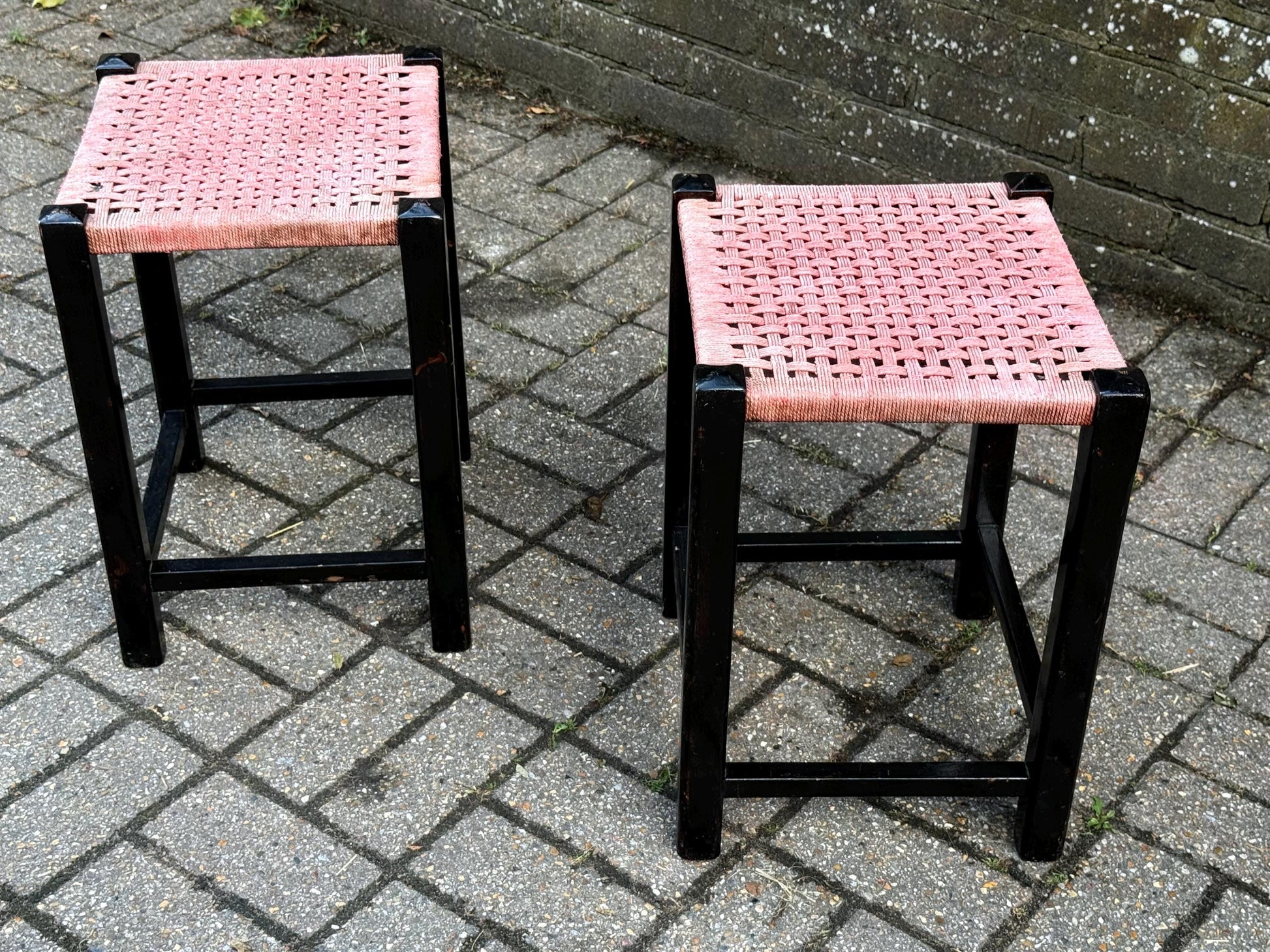 Pair of Vintage Mid Century Woven Stool – Black Wood Frame with Pink Cord Seat – Retro Side Table, Plant Stand, Boho Decor