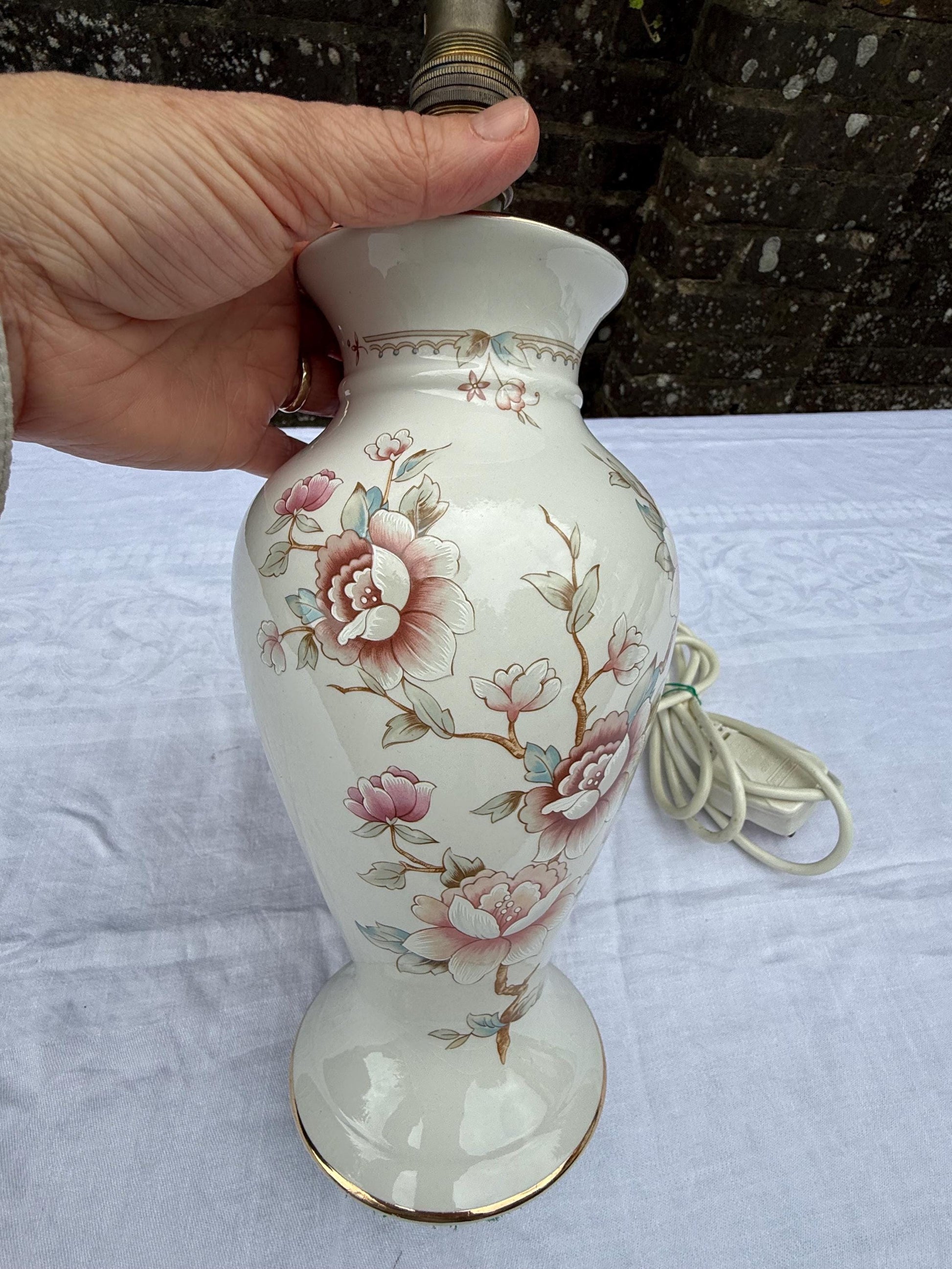 Vintage Marks & Spencer Floral Porcelain Lamp, Made in UK Ceramic Table Lamp with Rose and Floral painted decoration, 1980s, PAT tested