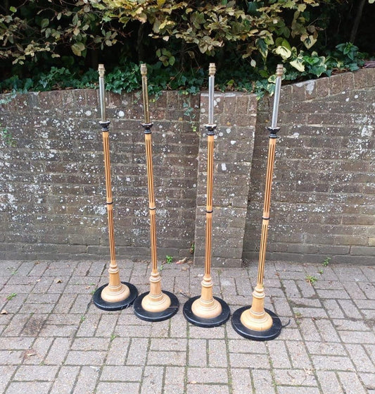 art deco revival vintage standard lamps. lovely gold, brown and black. ribbed columns, two tone columns and bases. fine quality. need rewiring