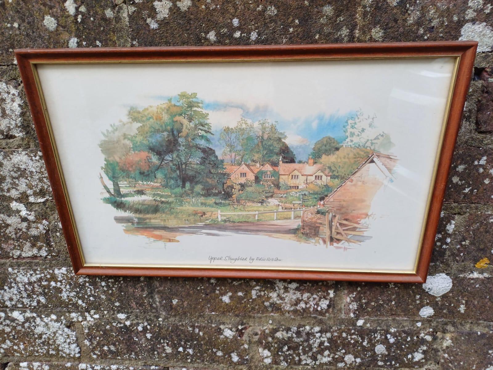 Cotswolds Vintage Prints, framed, Upper Slaughter and Moreton on the Marsh - vintage paintings by Eric Mason, 1970s paintings