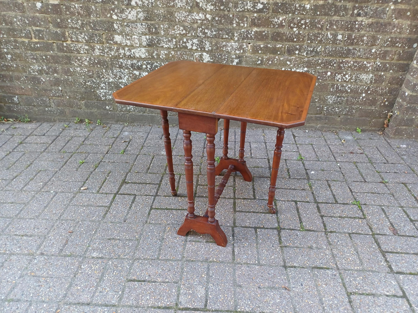 Antique Mahogany Inlaid Sutherland Table 19thC Drop Leaf Folding Occasional Side Table with Turned Legs Porcelain Castors