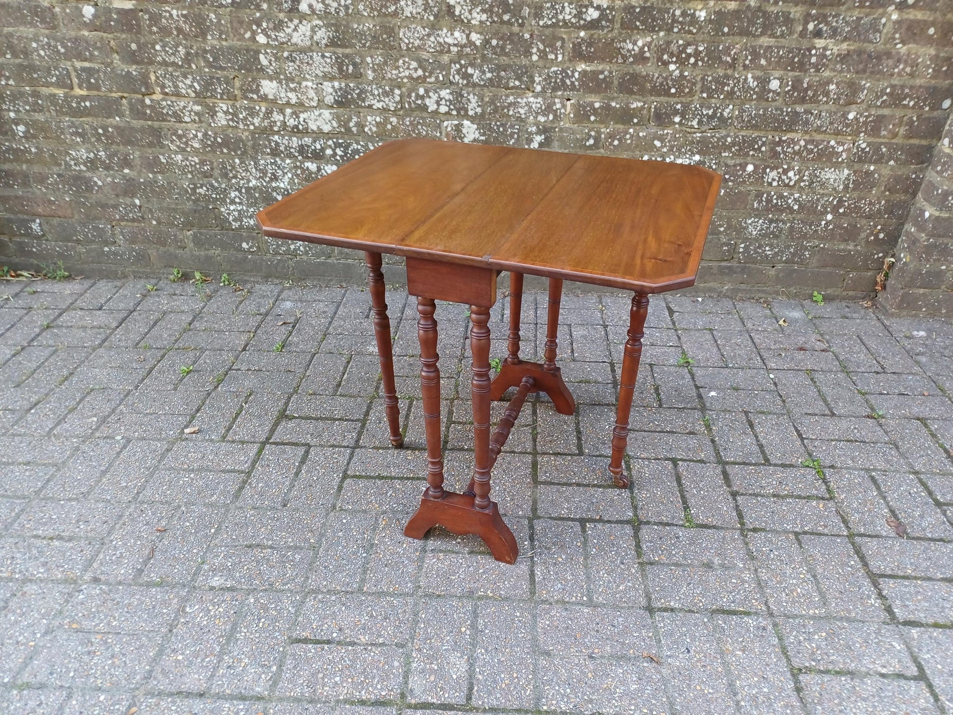 Antique Mahogany Inlaid Sutherland Table 19thC Drop Leaf Folding Occasional Side Table with Turned Legs Porcelain Castors