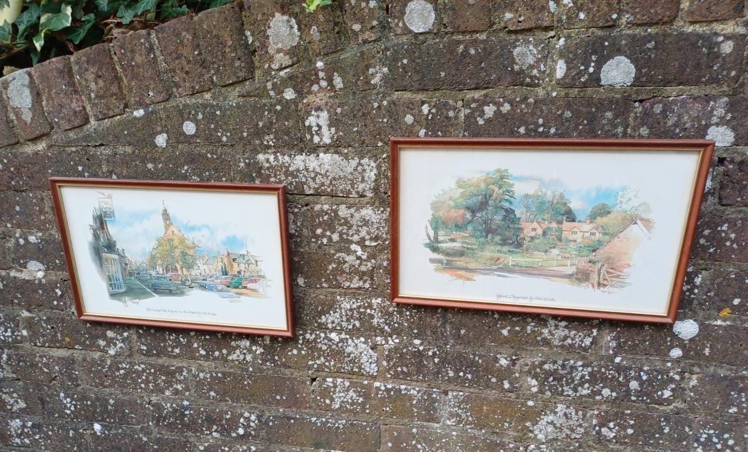 vintage prints in vintage frames. matching frames. prints of Upper Slaughter and Moretone on Marsh.  Original paintings by Eric Mason. Lovely pretty English village scenes.