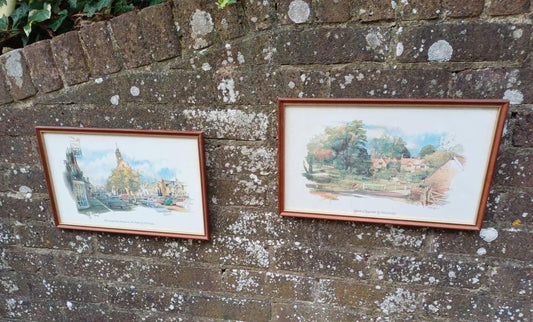vintage prints in vintage frames. matching frames. prints of Upper Slaughter and Moretone on Marsh.  Original paintings by Eric Mason. Lovely pretty English village scenes.