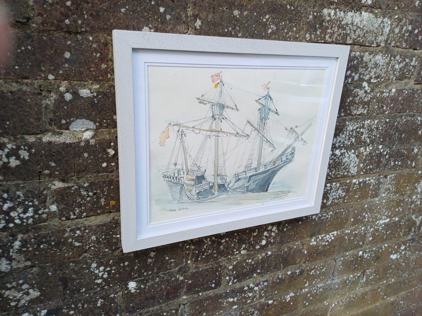 Original Nautical Ship Watercolour, “Nao Victoria” Chatham, Signed Maritime Painting by Z Richards, Historic Sailing Vessel in White Frame