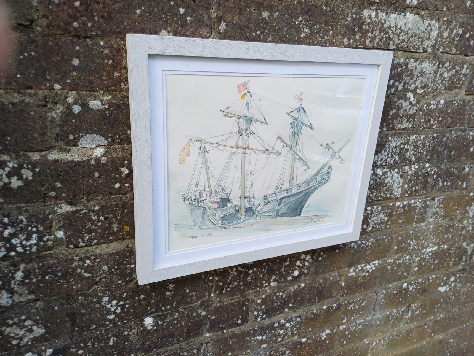 Original Nautical Ship Watercolour, “Nao Victoria” Chatham, Signed Maritime Painting by Z Richards, Historic Sailing Vessel in White Frame