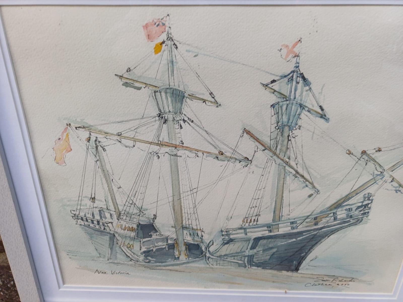 Original Nautical Ship Watercolour, “Nao Victoria” Chatham, Signed Maritime Painting by Z Richards, Historic Sailing Vessel in White Frame