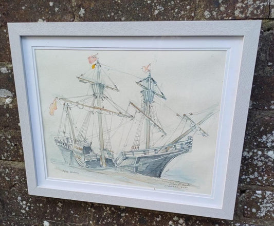 original detailed watercolour painting of an ancient sailing ship painted in Chatham by someone called Richards