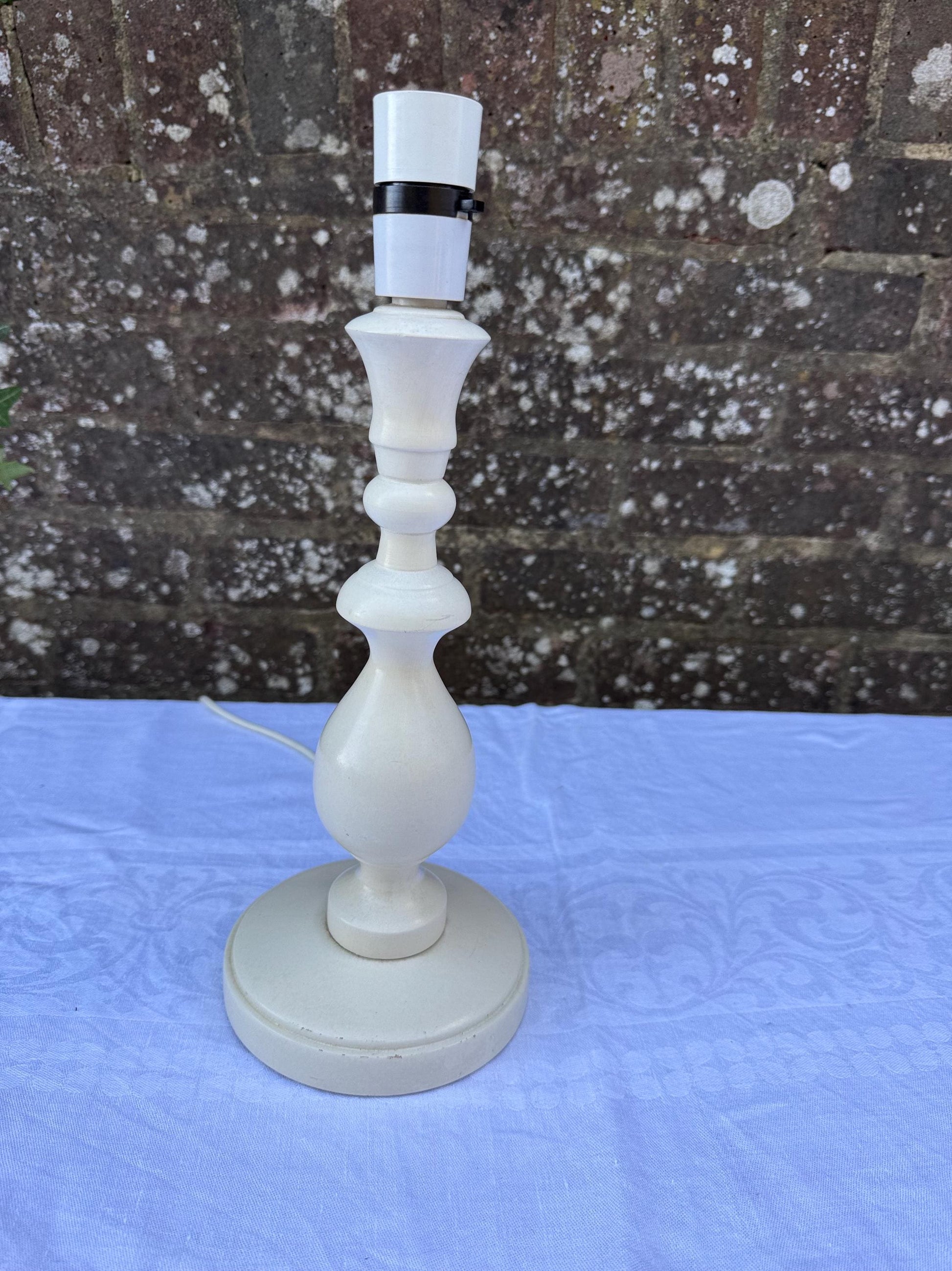 Vintage Cream Wooden Table Lamp & Pleated Fabric Shade – Shabby Chic Cottagecore Farmhouse Lighting, Rustic Bedside or Table Lamp, working