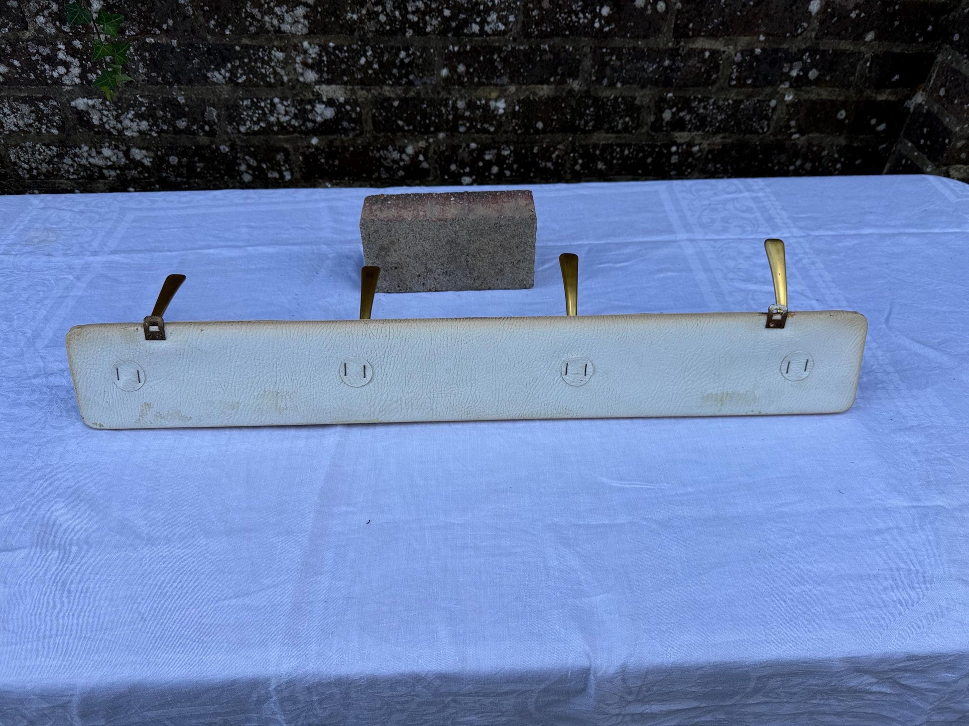Vintage Mid-Century Wall-Mounted Coat Hooks – Brass and Vinyl Panel with Stud Detailing – Retro Hallway Storage, retro hooks, refurb project