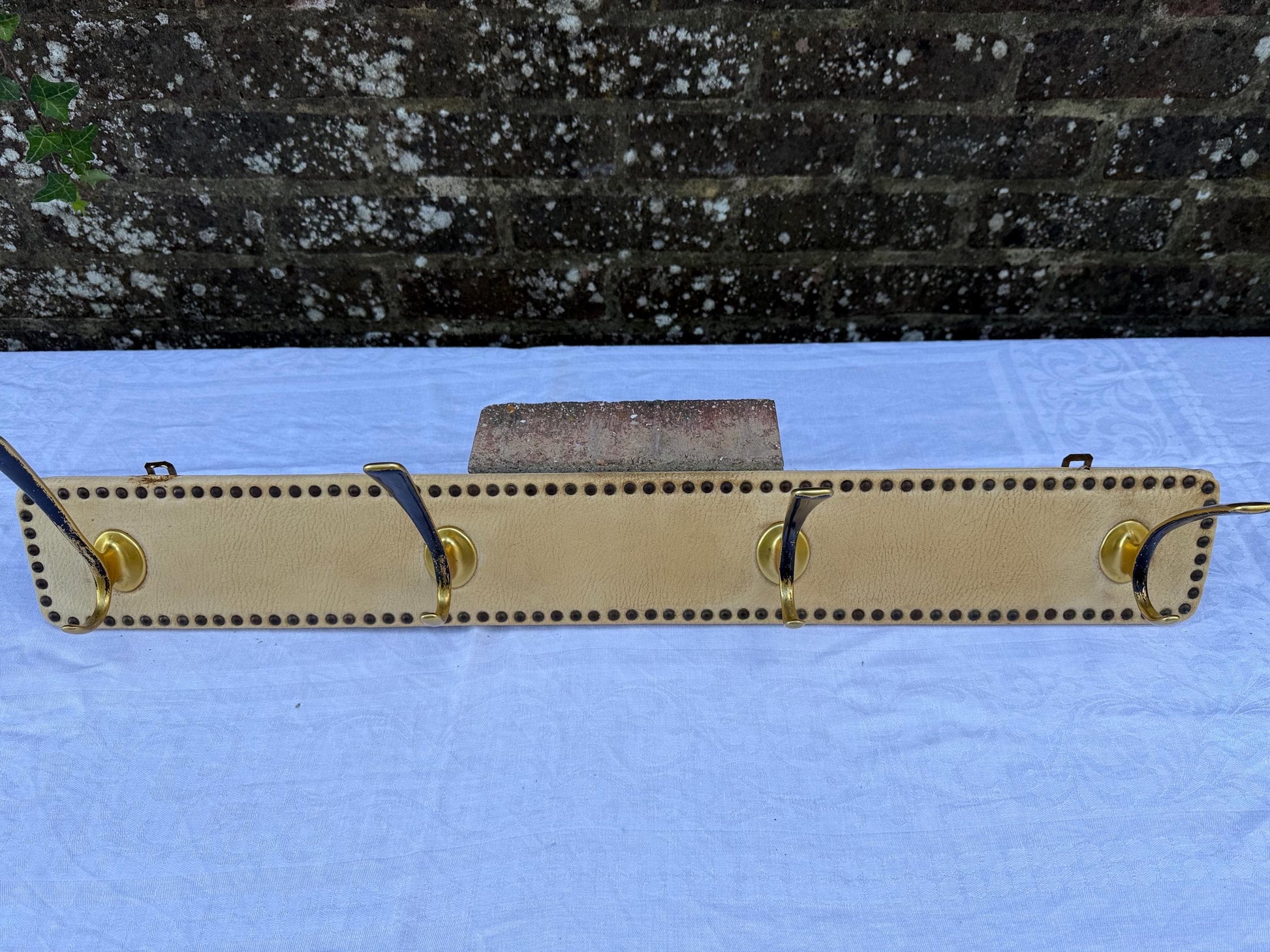 Vintage Mid-Century Wall-Mounted Coat Hooks – Brass and Vinyl Panel with Stud Detailing – Retro Hallway Storage, retro hooks, refurb project