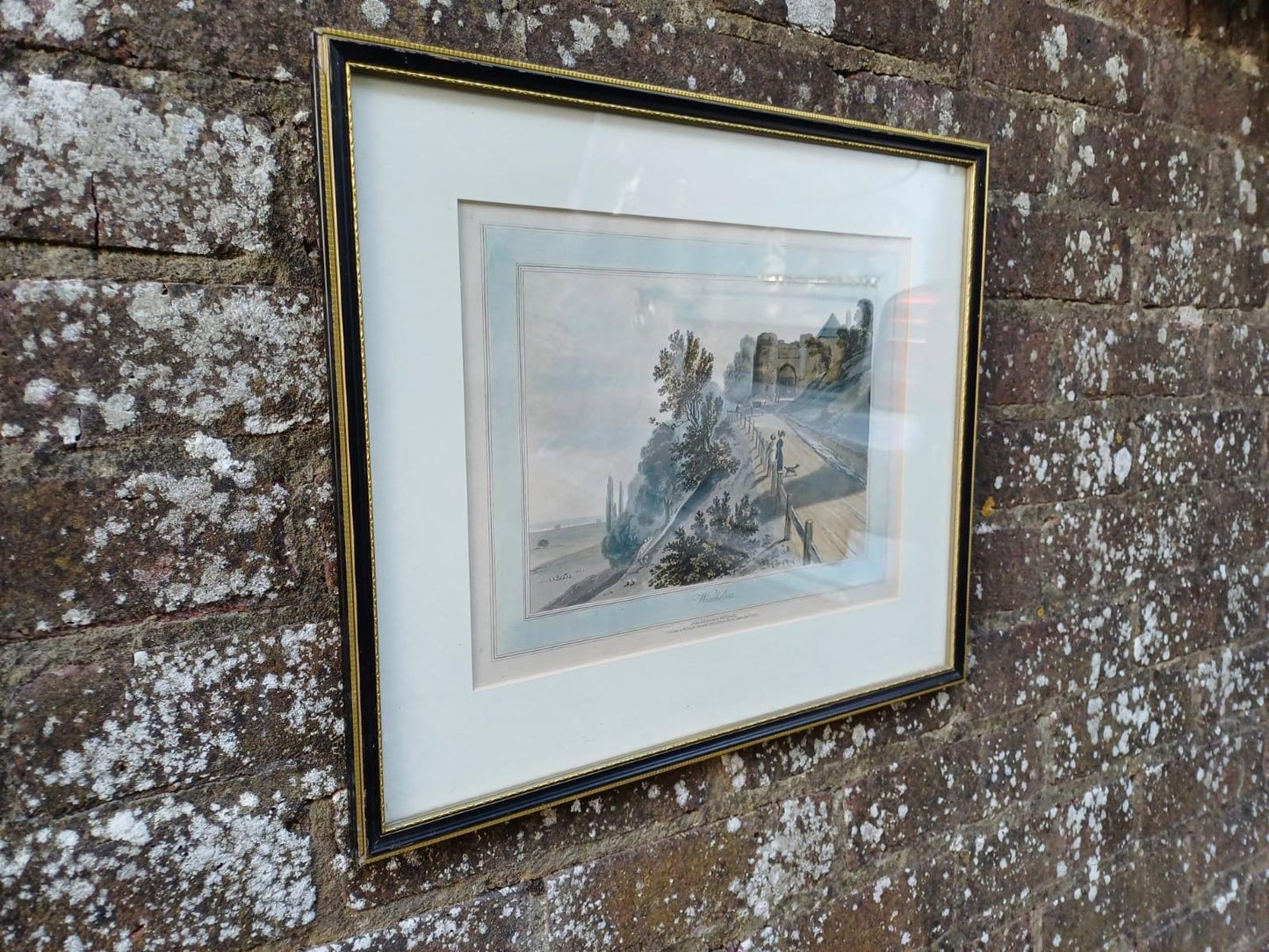 Antique Hand Coloured Print Winchelsea Sussex c1820s Georgian Town Gate Landscape Framed Historic Wall Art, W Daniell engraving, Cinque Port