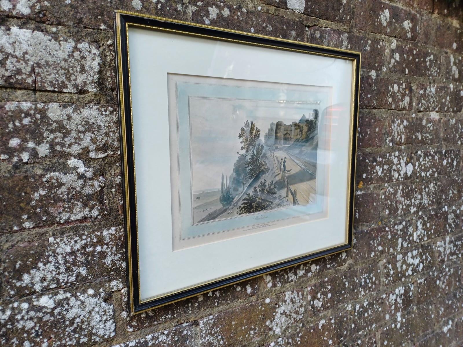 Antique Hand Coloured Print Winchelsea Sussex c1820s Georgian Town Gate Landscape Framed Historic Wall Art, W Daniell engraving, Cinque Port