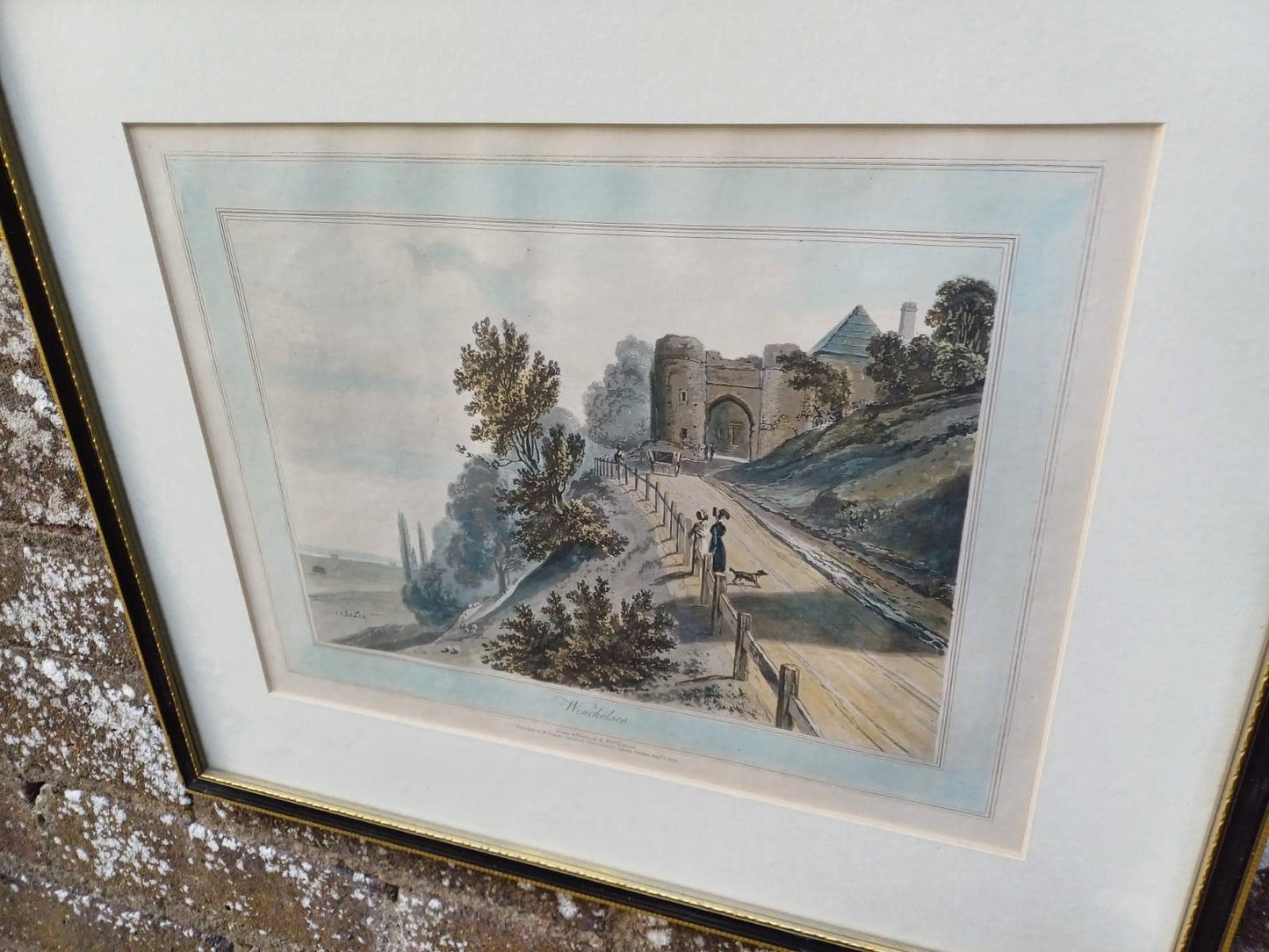 Antique Hand Coloured Print Winchelsea Sussex c1820s Georgian Town Gate Landscape Framed Historic Wall Art, W Daniell engraving, Cinque Port