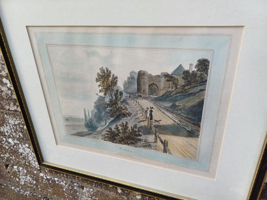 Antique Hand Coloured Print Winchelsea Sussex c1820s Georgian Town Gate Landscape Framed Historic Wall Art, W Daniell engraving, Cinque Port