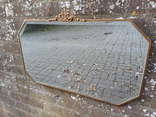 Large Vintage 1920s Gold Gilt Ribbon Wall Mirror – Heavy Quality Bevelled Glass, Decorative Metal Frame, Antique Glamour