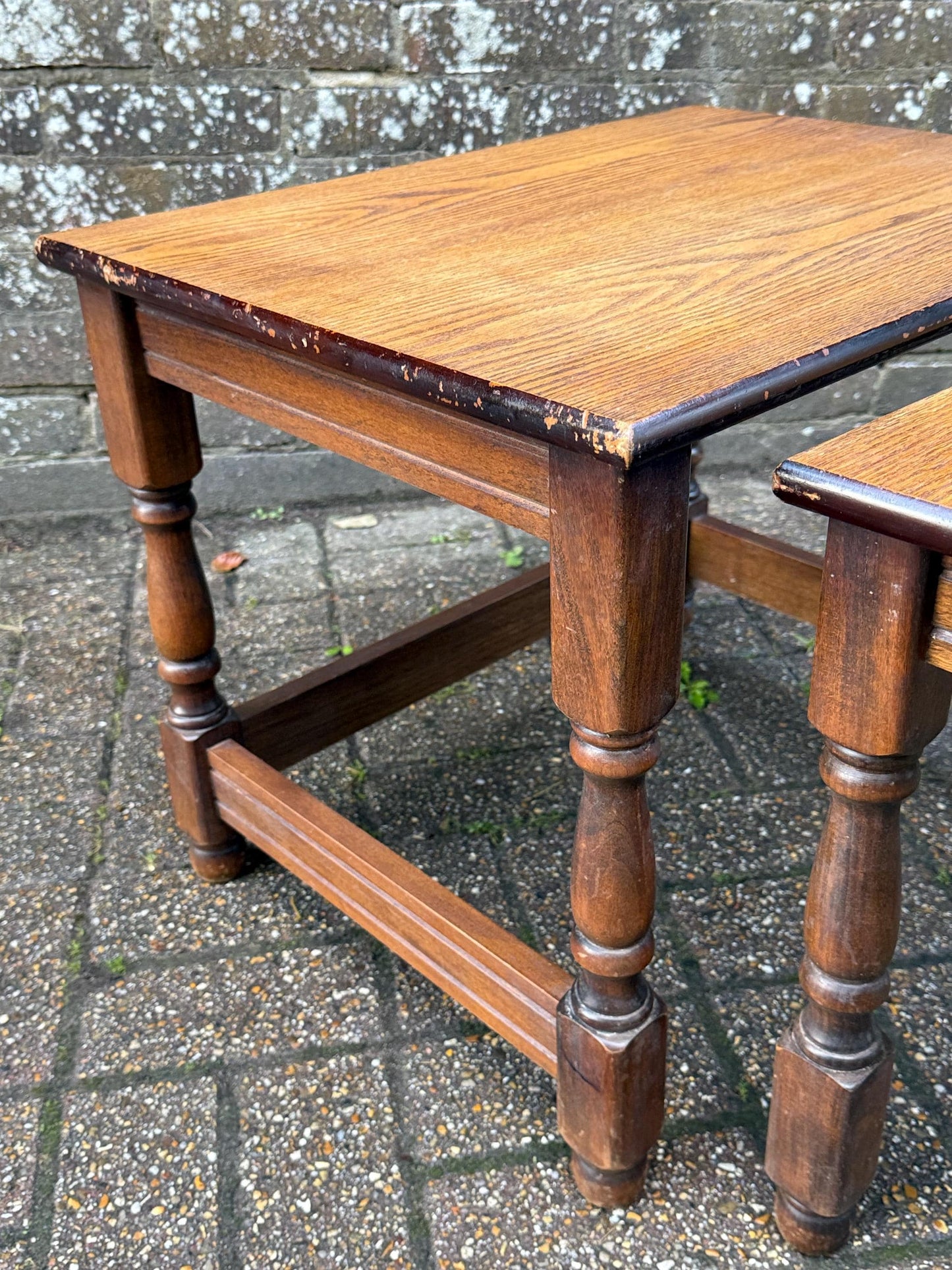 Two wonderful heavy quality vintage wooden tables - nest of 2 vintage tables, occasional side tables, vintage tables, plant stands.