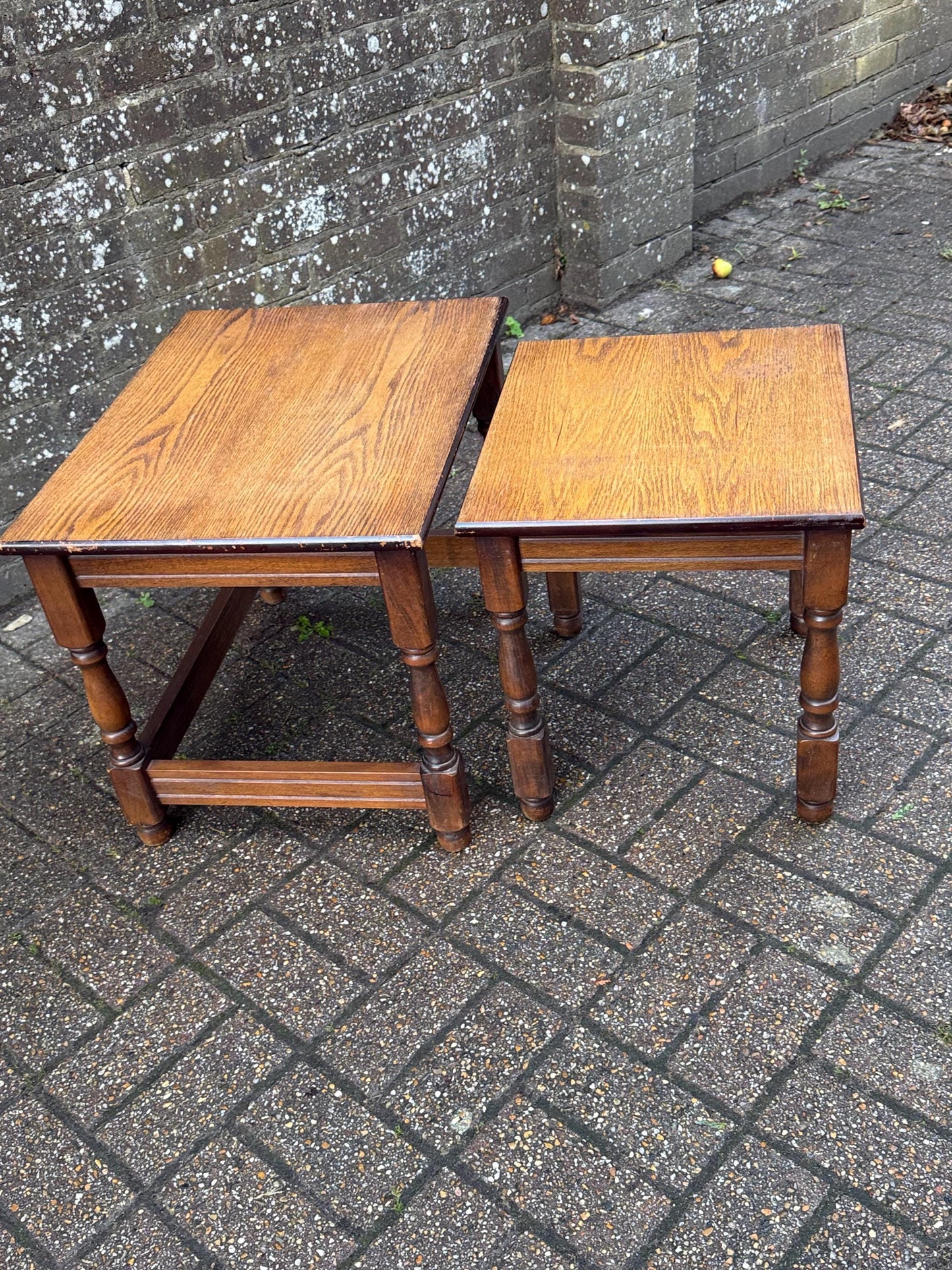 Two wonderful heavy quality vintage wooden tables - nest of 2 vintage tables, occasional side tables, vintage tables, plant stands.