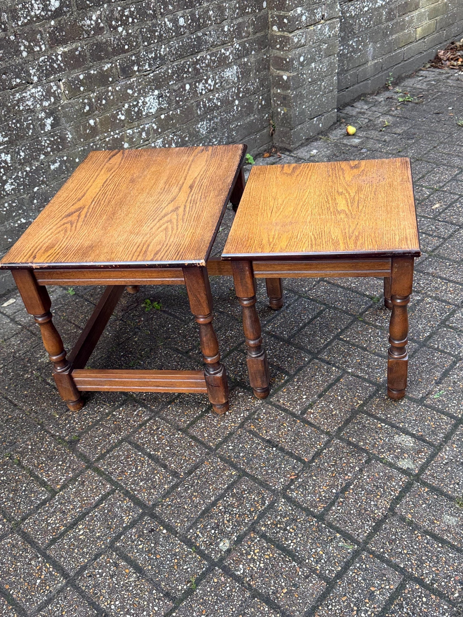 Two wonderful heavy quality vintage wooden tables - nest of 2 vintage tables, occasional side tables, vintage tables, plant stands.