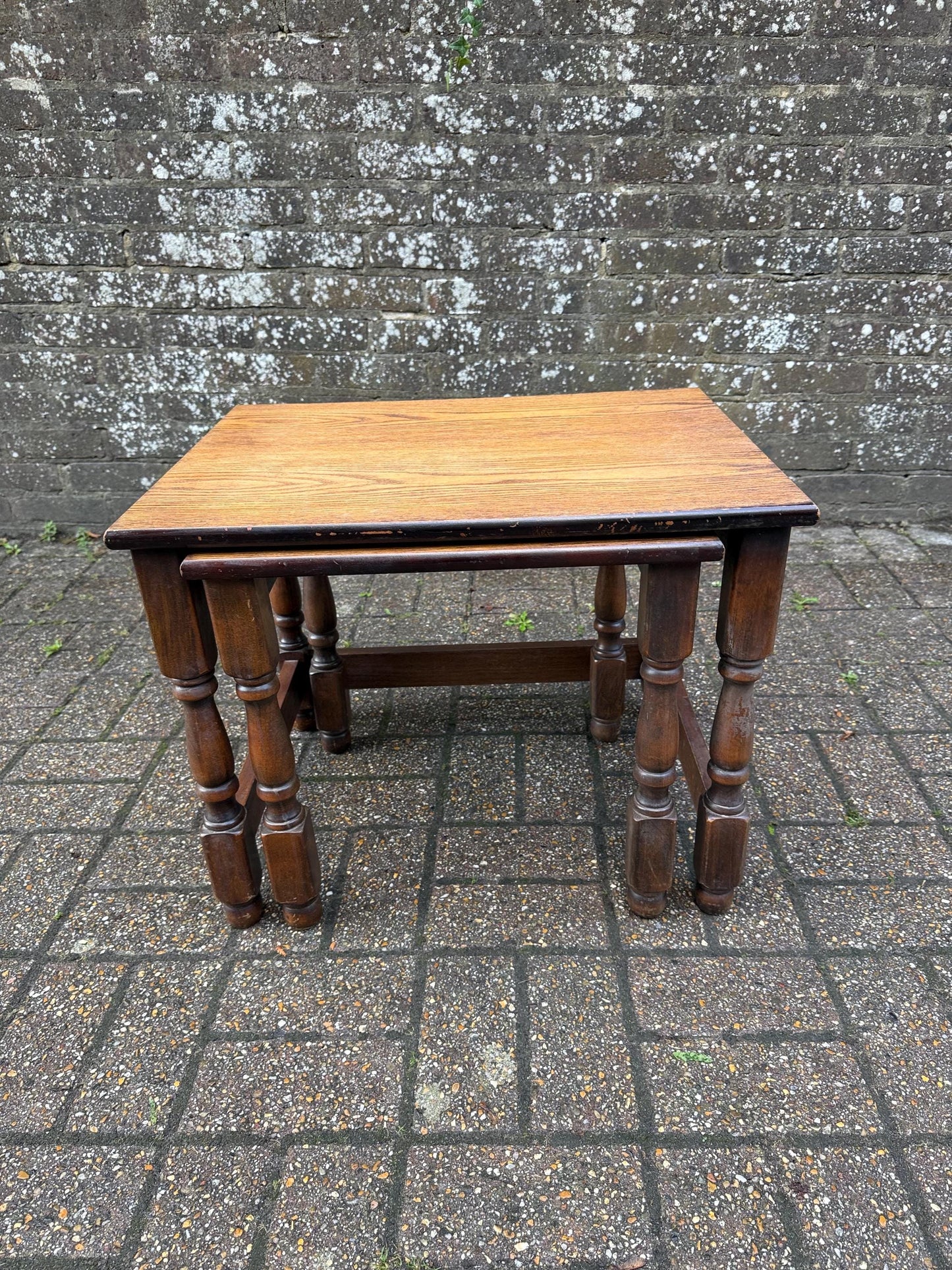 Two wonderful heavy quality vintage wooden tables - nest of 2 vintage tables, occasional side tables, vintage tables, plant stands.